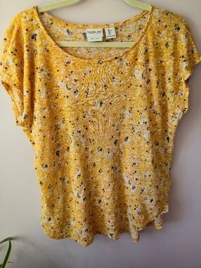 Rachel Zoe 100% Linen Yellow Floral Print Short Sleeve Top - Size Large